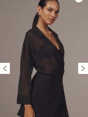 Maeve Long-Sleeve V-Neck Sheer Twofer Mini Dress